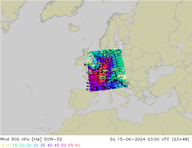 Wind 500 hPa ICON-D2 za 15.06.2024 03 UTC