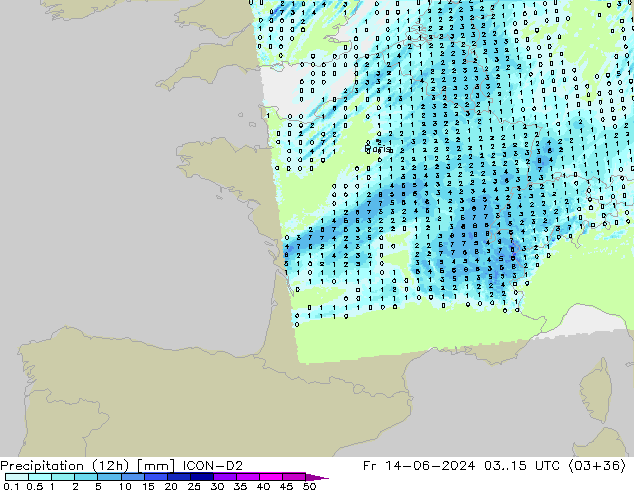 Precipitation (12h) ICON-D2 Fr 14.06.2024 15 UTC