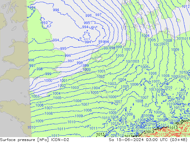 Surface pressure ICON-D2 Sa 15.06.2024 03 UTC