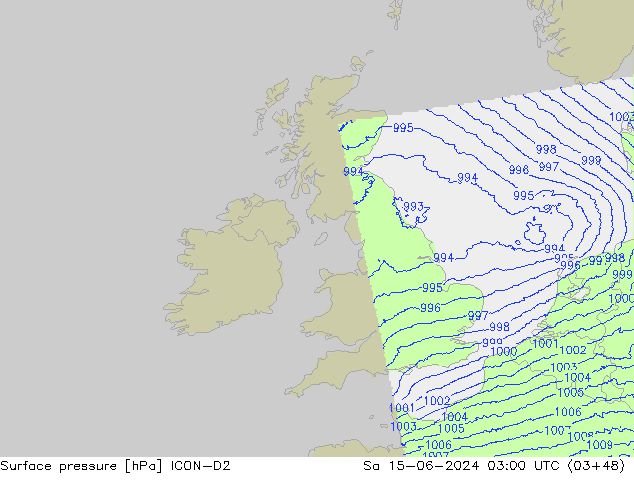 Surface pressure ICON-D2 Sa 15.06.2024 03 UTC