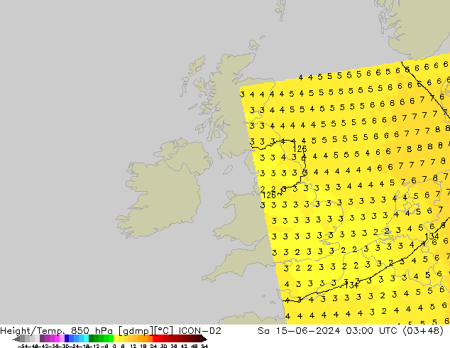 Height/Temp. 850 hPa ICON-D2 Sa 15.06.2024 03 UTC