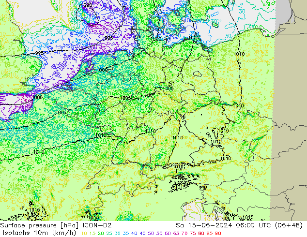 Isotachs (kph) ICON-D2  15.06.2024 06 UTC