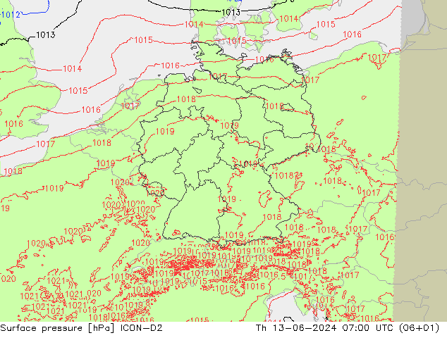 приземное давление ICON-D2 чт 13.06.2024 07 UTC