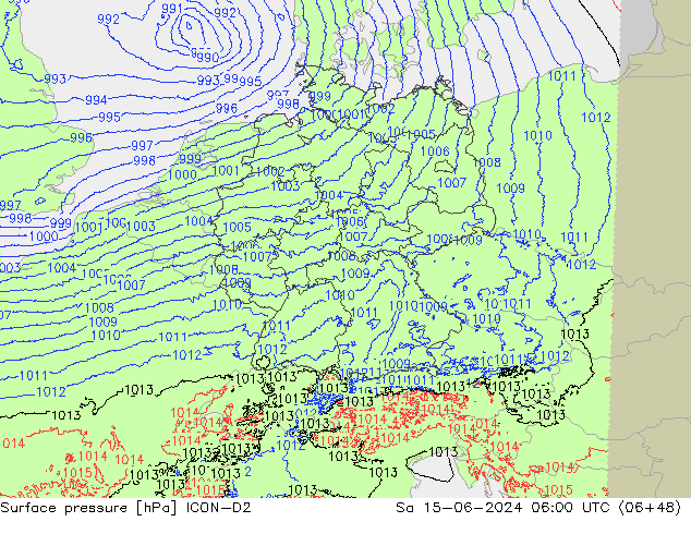 Surface pressure ICON-D2 Sa 15.06.2024 06 UTC