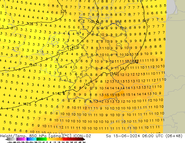 Height/Temp. 850 hPa ICON-D2 sab 15.06.2024 06 UTC