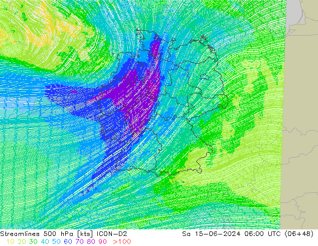 Streamlines 500 hPa ICON-D2 Sa 15.06.2024 06 UTC