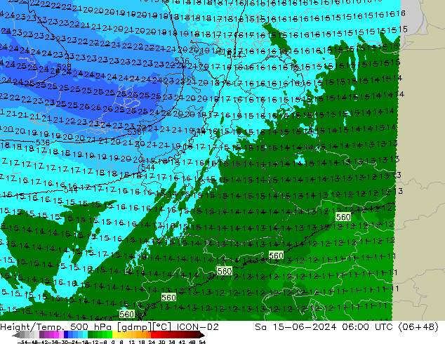 Géop./Temp. 500 hPa ICON-D2 sam 15.06.2024 06 UTC