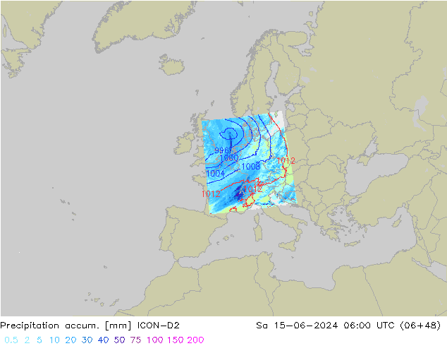 Precipitation accum. ICON-D2 Sa 15.06.2024 06 UTC