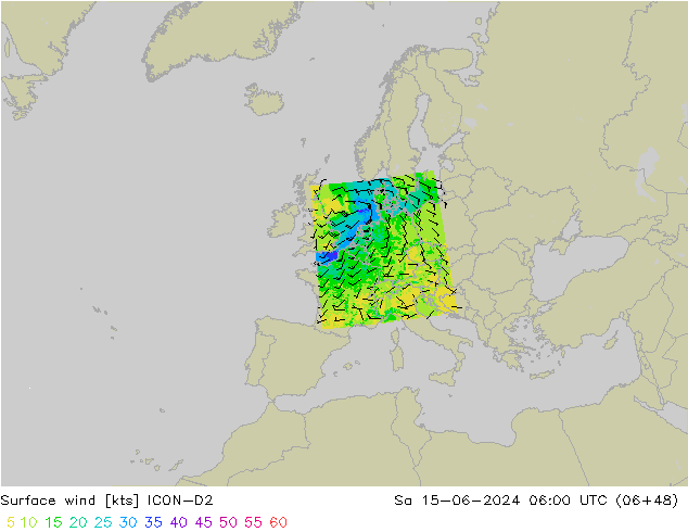 Wind 10 m ICON-D2 za 15.06.2024 06 UTC