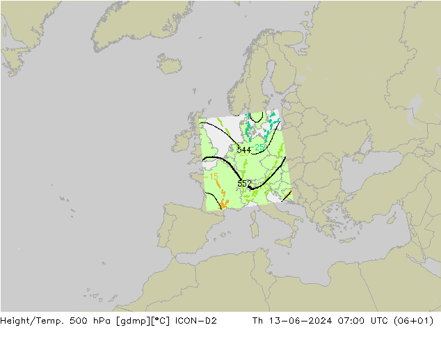 Height/Temp. 500 hPa ICON-D2 Th 13.06.2024 07 UTC