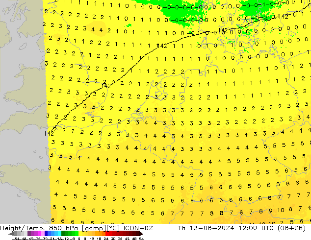 Hoogte/Temp. 850 hPa ICON-D2 do 13.06.2024 12 UTC