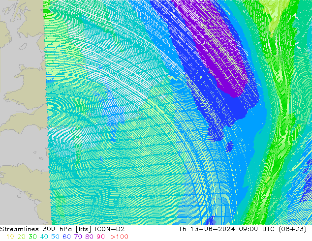 Ligne de courant 300 hPa ICON-D2 jeu 13.06.2024 09 UTC