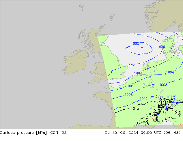 Presión superficial ICON-D2 sáb 15.06.2024 06 UTC