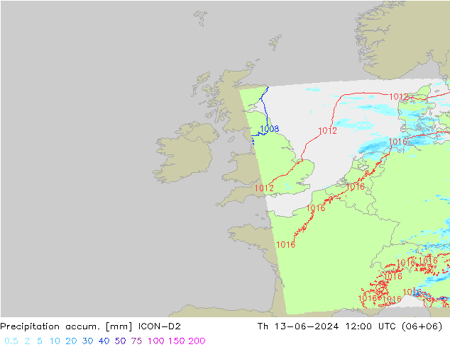 Precipitation accum. ICON-D2 Čt 13.06.2024 12 UTC