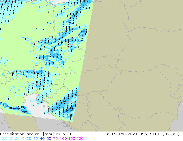 Precipitation accum. ICON-D2 пт 14.06.2024 09 UTC