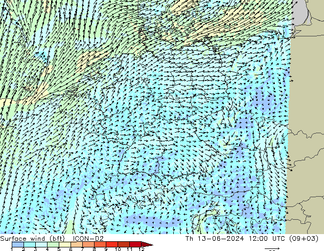 Surface wind (bft) ICON-D2 Th 13.06.2024 12 UTC