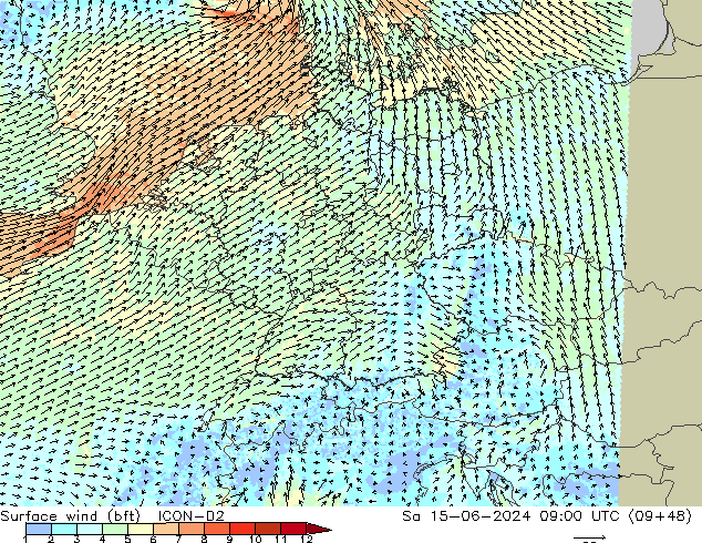 Surface wind (bft) ICON-D2 Sa 15.06.2024 09 UTC