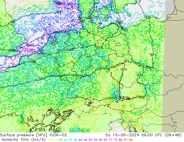 Isotaca (kph) ICON-D2 sáb 15.06.2024 09 UTC