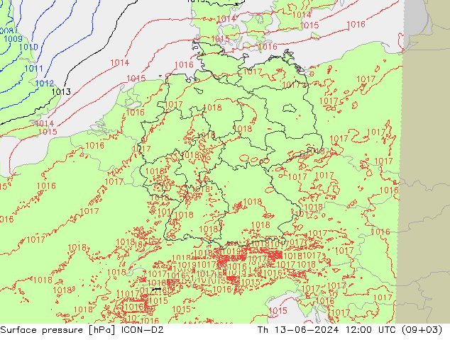 Surface pressure ICON-D2 Th 13.06.2024 12 UTC