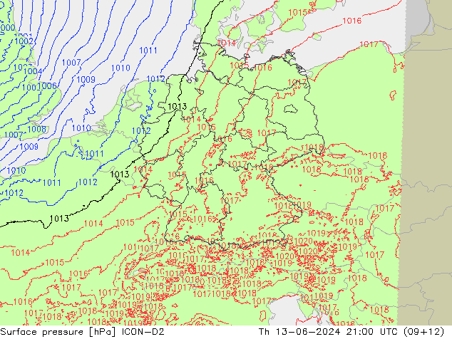 pression de l'air ICON-D2 jeu 13.06.2024 21 UTC