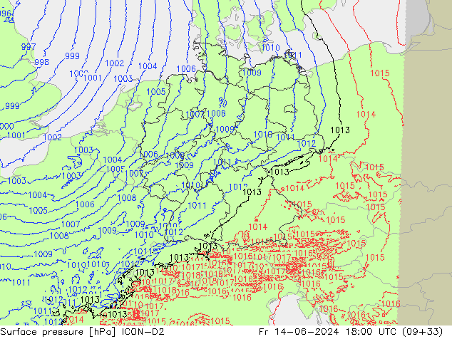 Atmosférický tlak ICON-D2 Pá 14.06.2024 18 UTC