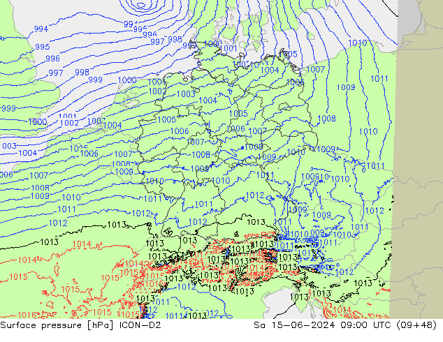 Presión superficial ICON-D2 sáb 15.06.2024 09 UTC