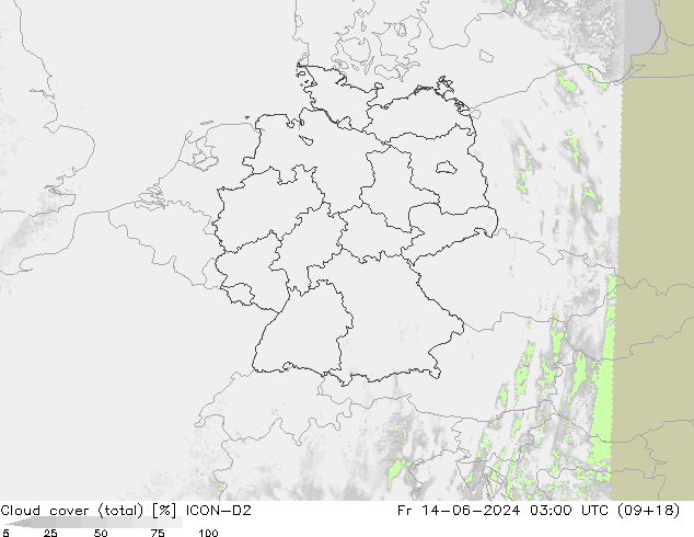 Cloud cover (total) ICON-D2 Pá 14.06.2024 03 UTC