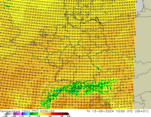 mapa temperatury (2m) ICON-D2 czw. 13.06.2024 10 UTC