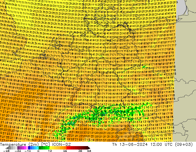 température (2m) ICON-D2 jeu 13.06.2024 12 UTC