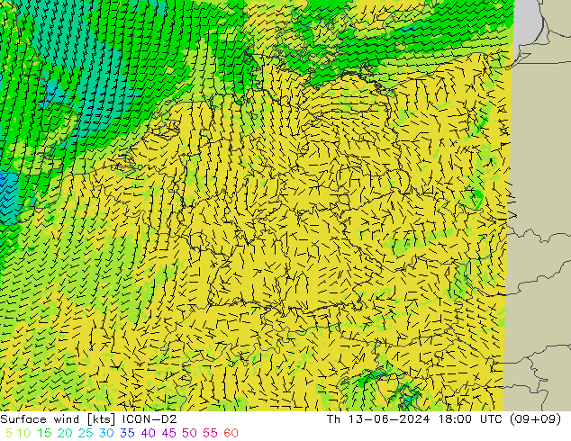 Vent 10 m ICON-D2 jeu 13.06.2024 18 UTC