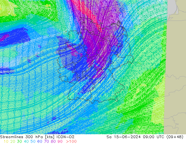 Stromlinien 300 hPa ICON-D2 Sa 15.06.2024 09 UTC