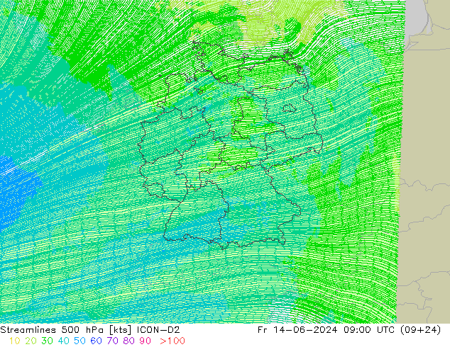 Ligne de courant 500 hPa ICON-D2 ven 14.06.2024 09 UTC