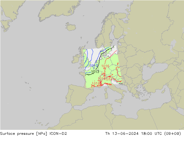 Atmosférický tlak ICON-D2 Čt 13.06.2024 18 UTC