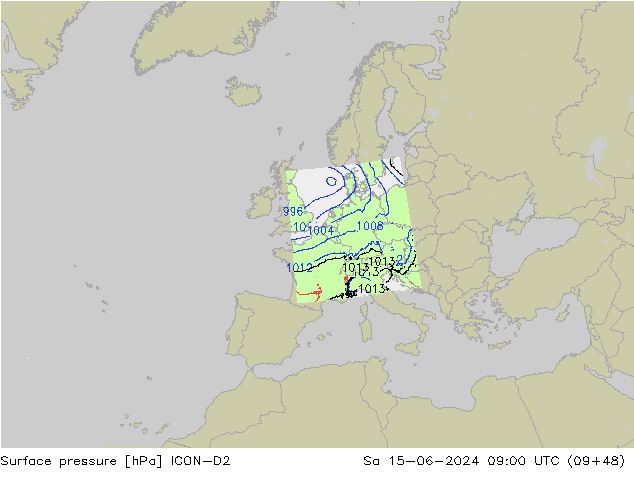 pressão do solo ICON-D2 Sáb 15.06.2024 09 UTC