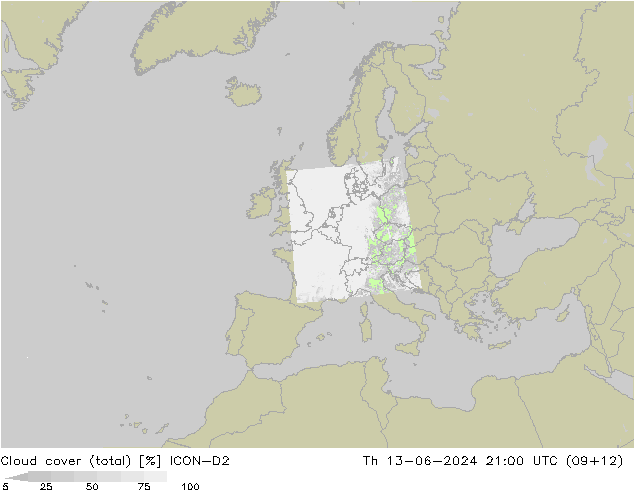 Nubi (totali) ICON-D2 gio 13.06.2024 21 UTC