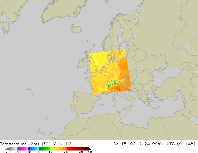 Temperatura (2m) ICON-D2 sab 15.06.2024 09 UTC