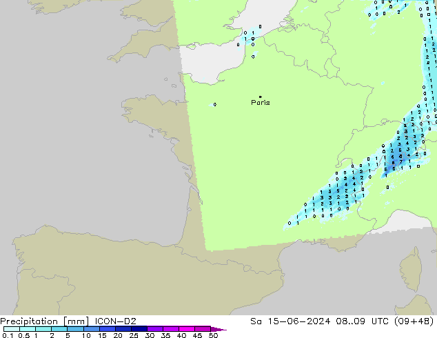 Precipitation ICON-D2 Sa 15.06.2024 09 UTC
