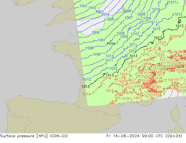 Pressione al suolo ICON-D2 ven 14.06.2024 09 UTC