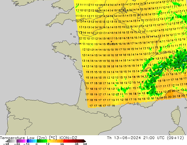 Temperature Low (2m) ICON-D2 Th 13.06.2024 21 UTC