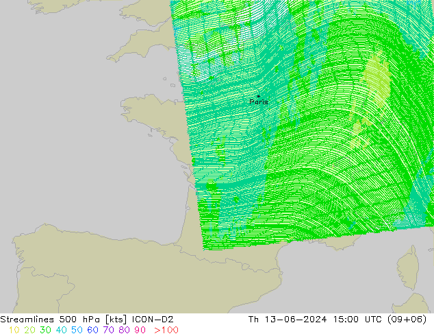 Linia prądu 500 hPa ICON-D2 czw. 13.06.2024 15 UTC