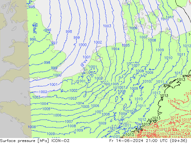 Presión superficial ICON-D2 vie 14.06.2024 21 UTC