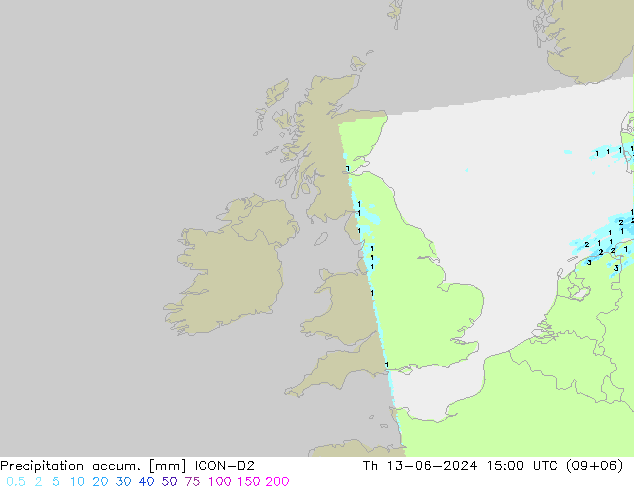 Precipitation accum. ICON-D2  13.06.2024 15 UTC