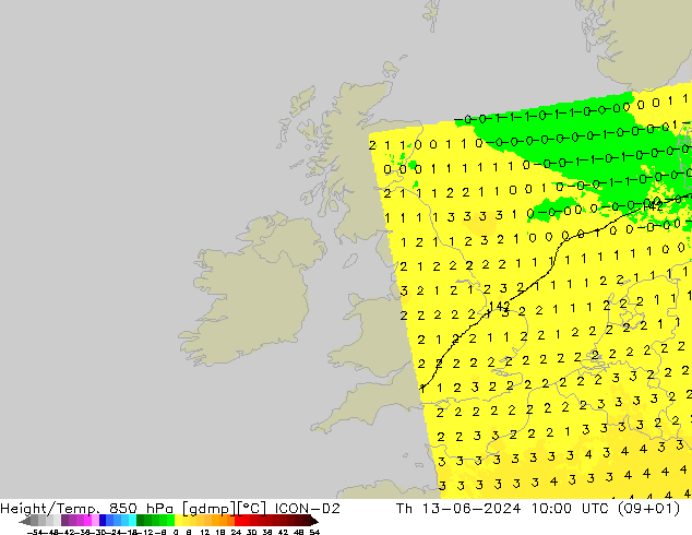 Height/Temp. 850 гПа ICON-D2 чт 13.06.2024 10 UTC