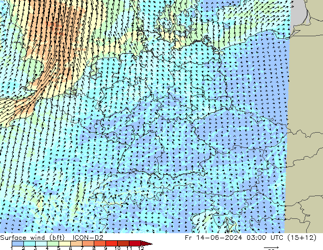 wiatr 10 m (bft) ICON-D2 pt. 14.06.2024 03 UTC