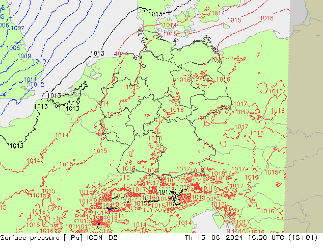 Surface pressure ICON-D2 Th 13.06.2024 16 UTC