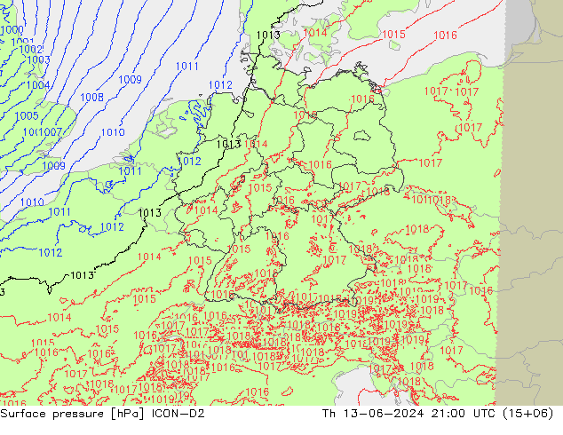 приземное давление ICON-D2 чт 13.06.2024 21 UTC