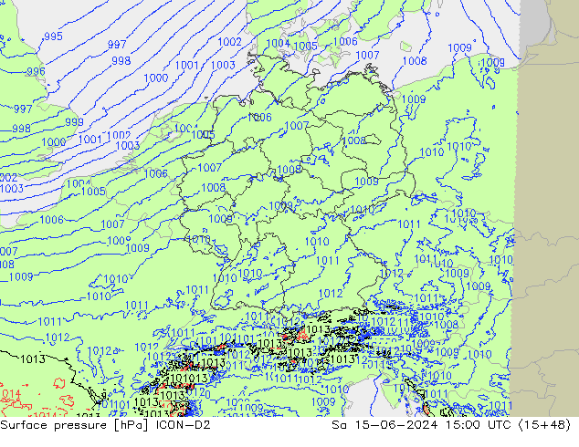 Presión superficial ICON-D2 sáb 15.06.2024 15 UTC