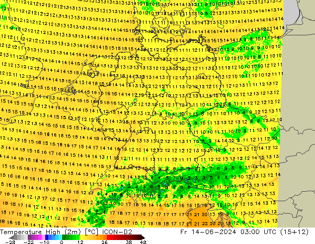 Höchstwerte (2m) ICON-D2 Fr 14.06.2024 03 UTC