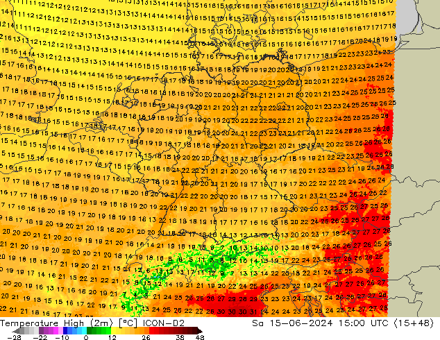 température 2m max ICON-D2 sam 15.06.2024 15 UTC