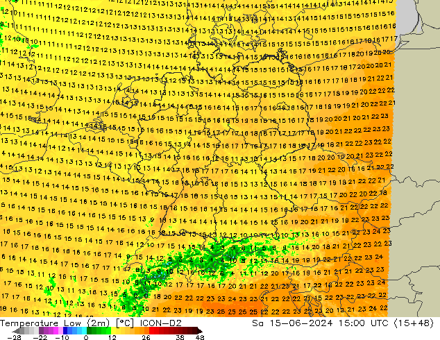 Temperatura mín. (2m) ICON-D2 sáb 15.06.2024 15 UTC